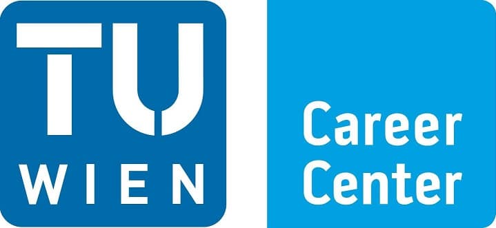 Meinkarrierestart.at Logo des TU Wien Career Centers mit „TU WIEN“ in fetten weißen Buchstaben auf blauem Hintergrund neben den Worten „Career Center“ auf hellblauem Hintergrund.
