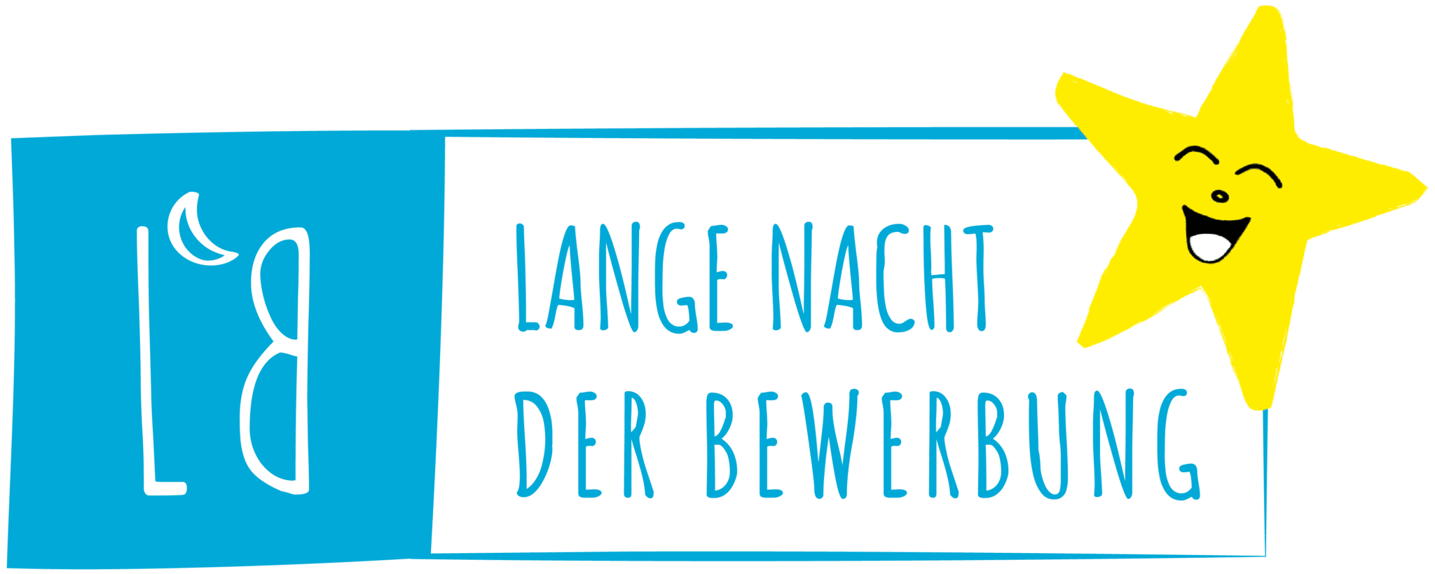 Meinkarrierestart.at Ein blau-weißes Banner mit einem lächelnden gelben Stern und dem Text „Lange Nacht der Bewerbung.