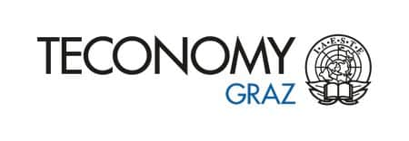 Meinkarrierestart.at Das Logo von TECONOMY Graz zeigt den Veranstaltungsnamen in schwarzer und blauer Schrift neben dem IAESTE-Emblem mit einem Globus und einem offenen Buch.