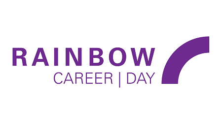 meinkarrierestart.at Logo mit den Worten „Rainbow Career Day“ in violettem Text neben einer violetten Bogengrafik auf weißem Hintergrund.
