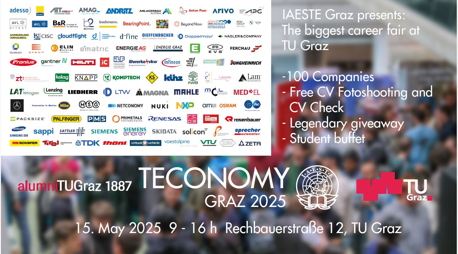 Meinkarrierestart.at Plakat zur Karrieremesse TECOOMY GRAZ 2025 an der TU Graz mit Firmenlogos, Veranstaltungsdetails und Aktionsangeboten für Studierende am 15. Mai 2025 von 9 bis 16 Uhr.