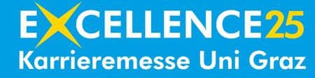 Meinkarrierestart.at Logo für „EXCELLENCE25 Karrieremesse Uni Graz“ auf blauem Grund, mit „EXCELLENCE“ in Weiß, „25“ in Gelb und einem gelben Stern anstelle des „X“.