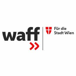 Meinkarrierestart.at Logo mit dem Text „waff“ und „Für die Stadt Wien“ neben einem rot-weißen Schildsymbol, getrennt durch einen senkrechten Strich.