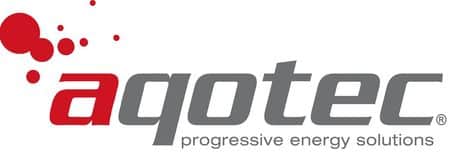 meinkarrierestart.at Logo für Aqotec mit rotem und grauem Text mit roten Kreisformen auf der linken Seite und dem Slogan „Progressive Energy Solutions“ darunter.