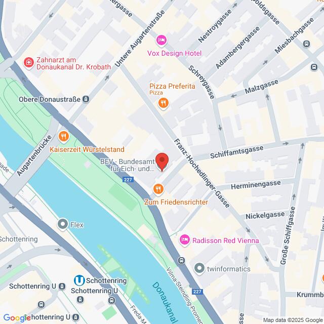 meinkarrierestart.at Karte mit einem Ausschnitt von Wien, Österreich, mit Hervorhebung von nahegelegenen Geschäften, Restaurants und Straßen in der Nähe des Donaukanals und des BEV – Bundesamt für Eich- und Vermessungswesen.