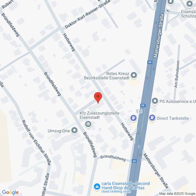 meinkarrierestart.at Karte mit dem Standort der Kfz-Zulassungsstelle Eisenstadt, markiert mit einer roten Stecknadel, in Eisenstadt, Österreich, in der Nähe der Straßen Bründlfeldweg und Hotterweg.