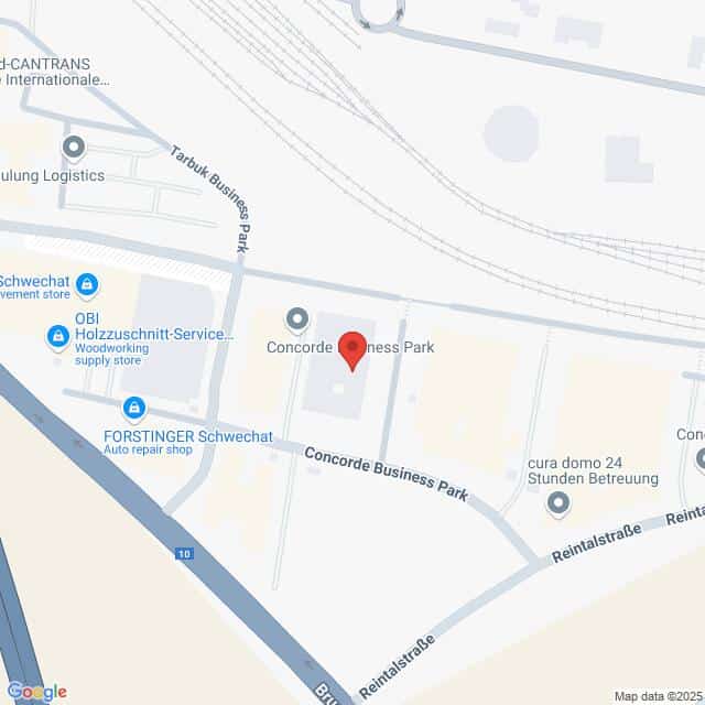 meinkarrierestart.at Eine Karte des Concorde Business Parks im österreichischen Schwechat mit eingezeichneten Straßen und Geschäften in der Nähe, darunter eine Autowerkstatt und ein Holzlager.