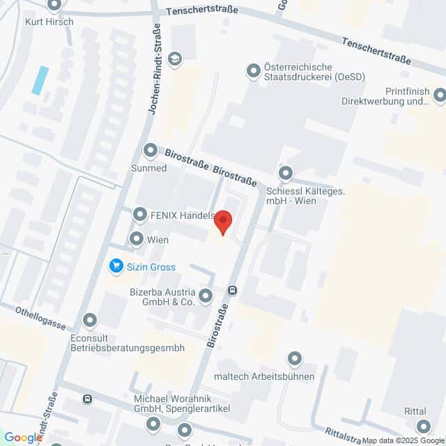 meinkarrierestart.at Karte mit einem Abschnitt der Birostraße und angrenzender Straßen in Wien, Österreich, mit verschiedenen eingezeichneten Geschäften und Sehenswürdigkeiten. Eine rote Standortmarkierung befindet sich in der Nähe von FENIX Handels.