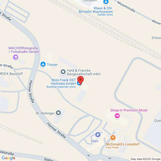 meinkarrierestart.at Karte mit dem Standort der Roto Frank DST Vertriebs-GmbH in Loosdorf, Österreich, in der Nähe von McDonald's, OMV-Tankstelle und Sleep-in Premium Motel.