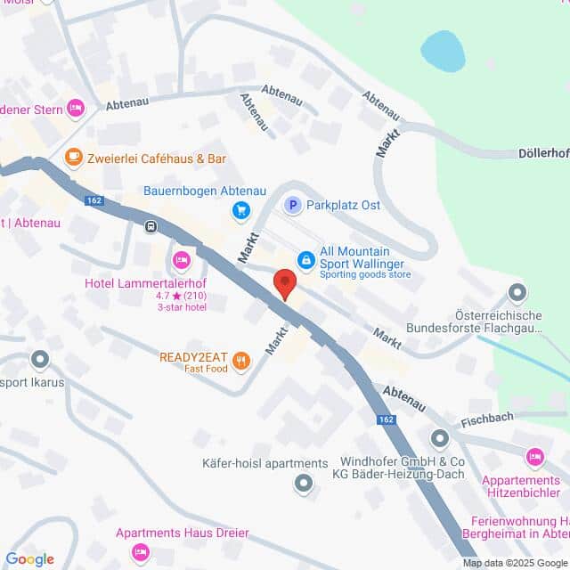 meinkarrierestart.at Karte des Zentrums von Abtenau, Österreich, mit hervorgehobenen Sehenswürdigkeiten wie dem Hotel Lammertalerhof, All Mountain Sport Wallinger und nahe gelegenen Annehmlichkeiten.