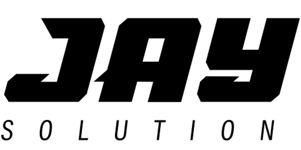 meinkarrierestart.at Schwarzes Textlogo mit fettem, stilisiertem „JAY“ über dem Wort „SOLUTION“ in Großbuchstaben auf transparentem Hintergrund.