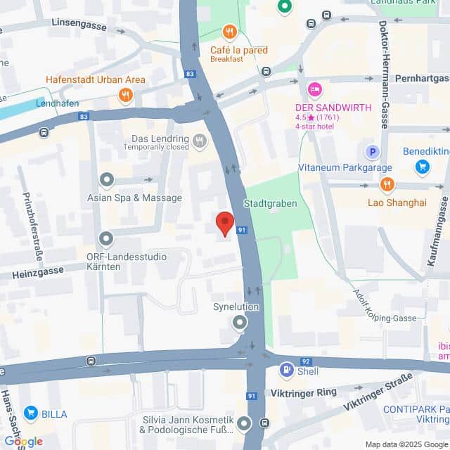 meinkarrierestart.at Eine digitale Karte mit Straßen, Geschäften und Sehenswürdigkeiten in der Nähe des Stadtgrabens und des Viktringer Rings in Klagenfurt, Österreich, mit einer Stecknadel mit dem Mittelpunkt auf dem Stadtgraben.