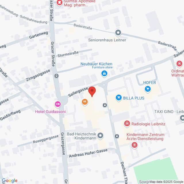 meinkarrierestart.at Karte, die das Gebiet um die Sailerstraße und Sailer Gasse in Leibnitz, Österreich, zeigt und nahegelegene Geschäfte, Hotels und medizinische Zentren hervorhebt.