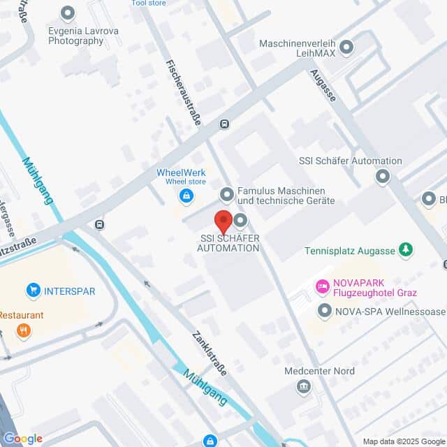 meinkarrierestart.at Eine Karte mit dem Standort von SSI Schäfer Automation in Graz, Österreich, mit Markierungen der nahegelegenen Sehenswürdigkeiten, Straßen und Unternehmen.