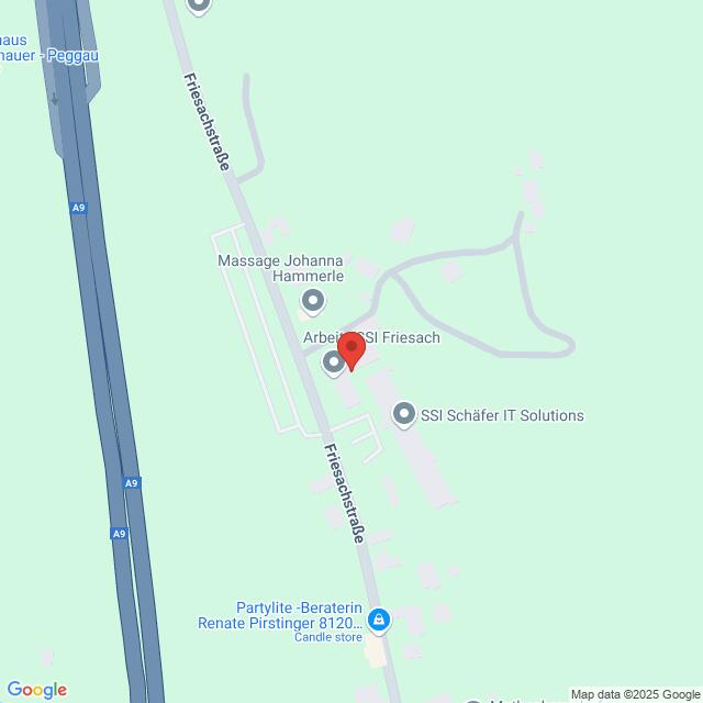 meinkarrierestart.at Karte mit der Lage von SSI Friesach in der Friesacherstraße, nahe der Autobahn A9, neben anderen nahegelegenen Unternehmen und Dienstleistungen.