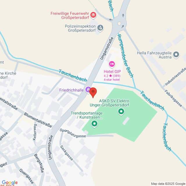 meinkarrierestart.at Karte, die das Gebiet um ASKÖ SV Elektro Unger Großpetersdorf und nahegelegene Orte in Großpetersdorf, Österreich, einschließlich Straßen und bemerkenswerten Sehenswürdigkeiten zeigt.