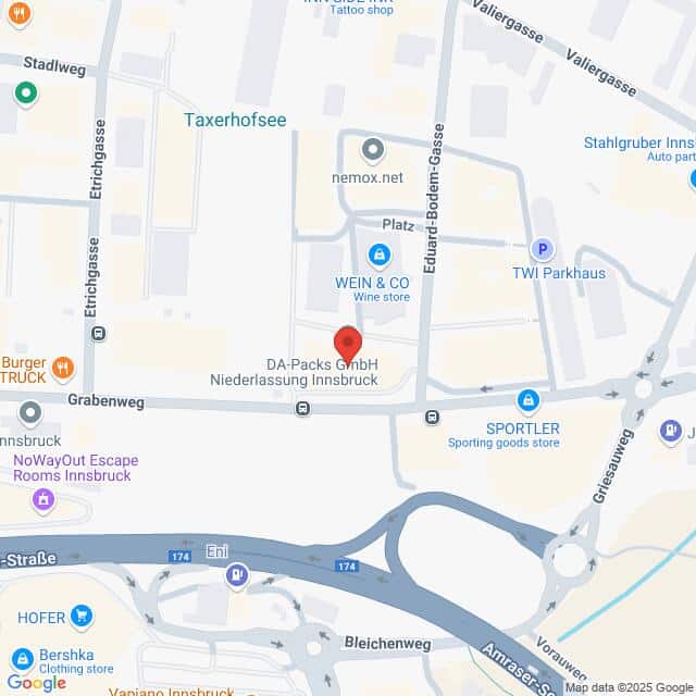 meinkarrierestart.at Eine digitale Karte zeigt eine Standortmarkierung der DA-Packs GmbH Innsbruck in der Nähe der Straße Grabenweg, umgeben von verschiedenen Unternehmen und Straßen.