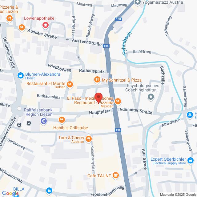 meinkarrierestart.at Karte, die einen Teil von Liezen, Österreich, zeigt, mit verschiedenen Restaurants, Geschäften und Sehenswürdigkeiten, zentriert auf dem Hauptplatz.