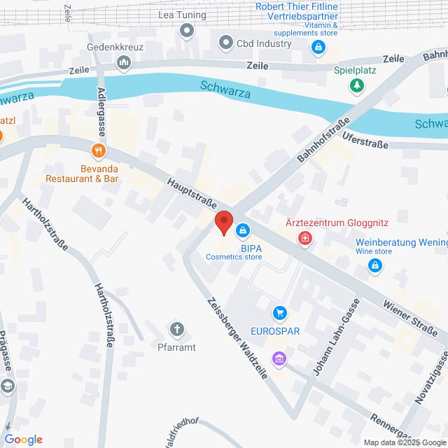 meinkarrierestart.at Karte, die einen Teil von Gloggnitz, Österreich, zeigt, mit Unternehmen wie BIPA, EUROSPAR und dem Restaurant Bevanda in der Nähe des Flusses Schwarza.