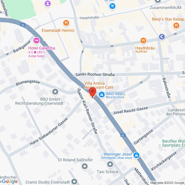 meinkarrierestart.at Karte mit Straßen, Geschäften und Sehenswürdigkeiten in Eisenstadt, Österreich, darunter das Hotel Galántha, das Restaurant Villa Antica und das Fahrradgeschäft RAD INSEL.