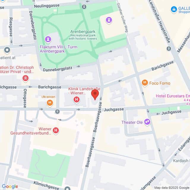 meinkarrierestart.at Eine Karte mit Straßen und Sehenswürdigkeiten rund um die Klinik Landstraße, einschließlich Arenbergpark, Juchgasse und nahegelegenen Geschäften in Wien.