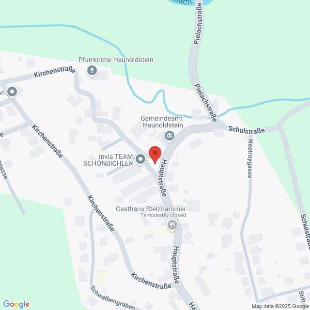 meinkarrierestart.at Eine Kartenansicht, die den Standort des Invita-Teams Schönbichler und des Gasthauses Stelzhammer in Haunoldstein, Österreich, mit Beschriftung der umliegenden Straßen und Sehenswürdigkeiten zeigt.