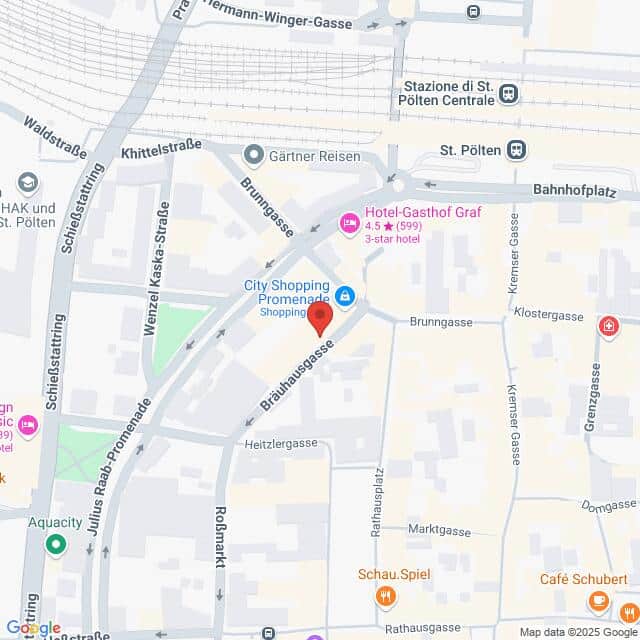 meinkarrierestart.at Karte der Gegend um die City Shopping Promenade in St. Pölten, Österreich, mit Beschriftung der umliegenden Straßen, Hotels und Sehenswürdigkeiten.