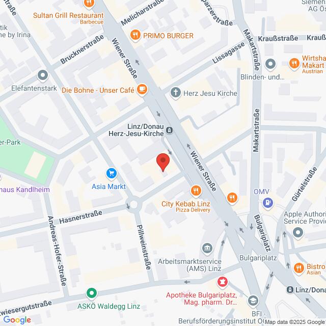 meinkarrierestart.at Karte, die einen Teil von Linz, Österreich, zeigt und Straßen, Geschäfte und Sehenswürdigkeiten wie die Herz-Jesu-Kirche, das Sultan Grill Restaurant und City Kebab Linz hervorhebt.