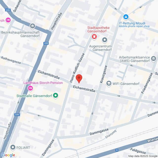 meinkarrierestart.at Eine Karte zeigt die Lage der Eichamtstraße in Gänserndorf, Österreich, mit eingezeichneten Straßen und Sehenswürdigkeiten in der Nähe. Eine rote Stecknadel markiert einen bestimmten Ort in der Eichamtstraße.