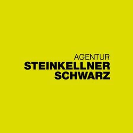 meinkarrierestart.at Gelber Hintergrund mit den Worten „AGENTUR STEINKELLNER SCHWARZ“ in fettem schwarzen Text, mittig ausgerichtet.