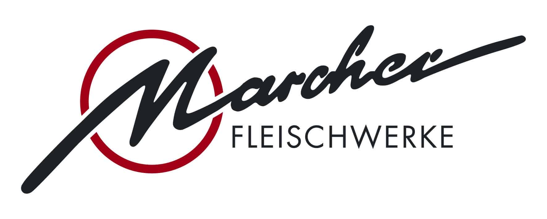 meinkarrierestart.at Logo für Marcher Fleischwerke mit dem Wort „Marcher“ in schwarzer Schrift, teilweise von einem roten Kreis umgeben, und darunter in schwarzen Großbuchstaben „Fleischwerke“.