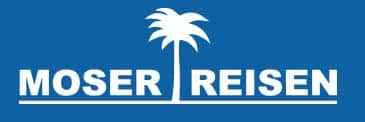 meinkarrierestart.at Weißer Text „MOSER REISEN“, getrennt durch ein weißes Palmensymbol auf blauem Hintergrund.