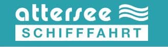meinkarrierestart.at Logo der Attersee Schifffahrt mit stilisiertem Text und drei Wellenlinien, alles in Weiß auf türkisfarbenem Hintergrund.