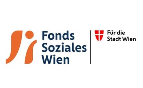 meinkarrierestart.at Logo des Fonds Soziales Wien mit einer abstrakten orangefarbenen Figur, blauem Text und dem Wiener Stadtwappen neben dem deutschen Satz „Für die Stadt Wien“.