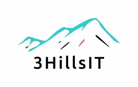 meinkarrierestart.at Stilisierte blaue Bergkettengrafik über dem Text „3HillsIT“ in Schwarz auf weißem Hintergrund.