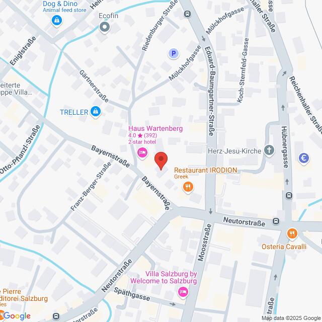 meinkarrierestart.at Karte der Kreuzung Bayerhamerstraße und Neutorstraße in Salzburg, Österreich, mit Markierungen der nahegelegenen Hotels und Restaurants.