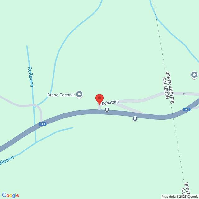 meinkarrierestart.at Eine Karte, die die Lage von Schattau in der Nähe der Autobahn 166 zeigt, mit nahe gelegenen Sehenswürdigkeiten wie Rubbbach und Braso Technik, an der Grenze zwischen Oberösterreich und Salzburg.