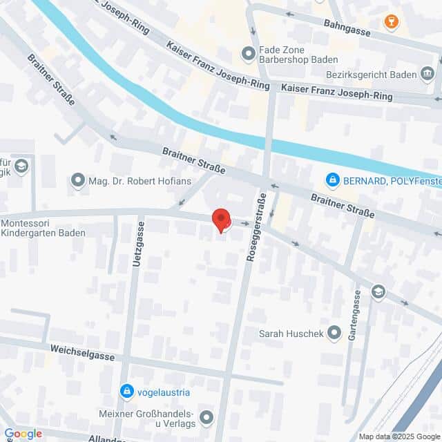 meinkarrierestart.at Eine digitale Karte mit Straßen und Orten in Baden, Österreich, zentriert auf einer roten Ortsmarkierung an der Kreuzung Braiter Straße und Roseggerstraße.