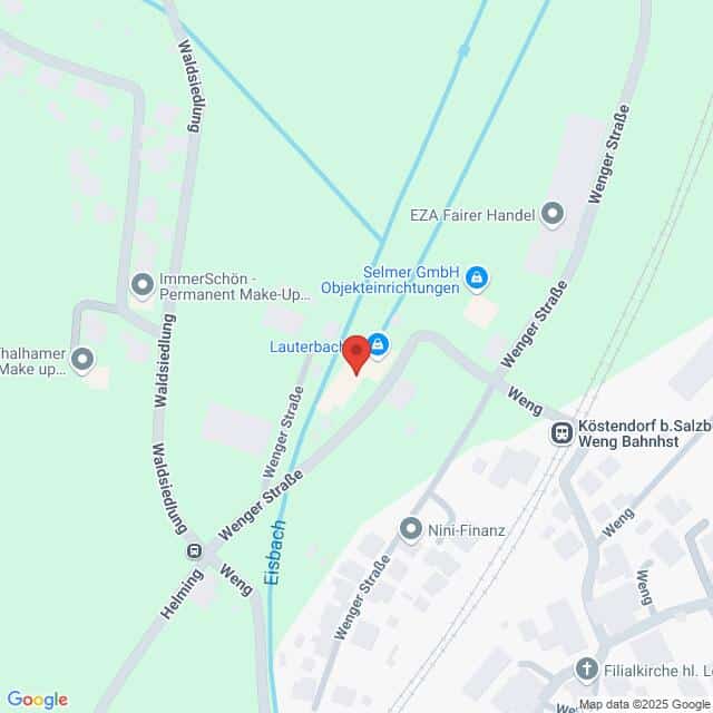 meinkarrierestart.at Karte, die einen Abschnitt der Werger Straße in Köstendorf, Österreich, zeigt, mit eingezeichneten nahegelegenen Geschäften und Sehenswürdigkeiten, darunter auch dem Bahnhof Weng.