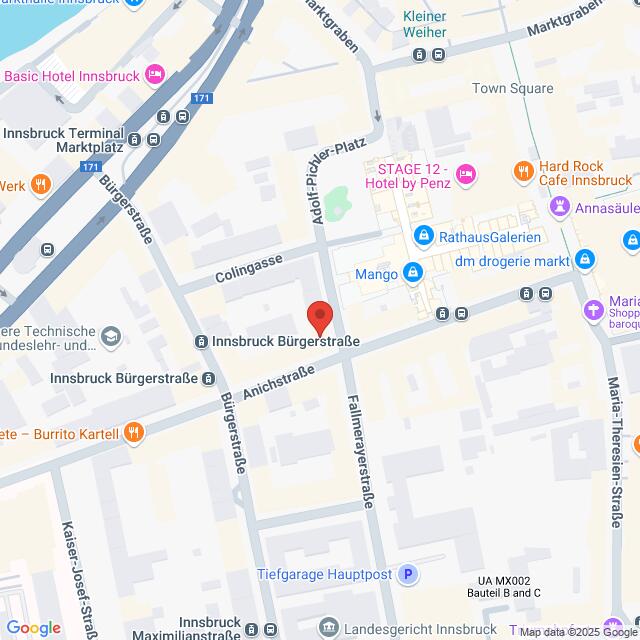 meinkarrierestart.at Karte der Gegend um die Innsbrucker Bürgerstraße in Innsbruck, Österreich, mit eingezeichneten Straßen, Geschäften und Sehenswürdigkeiten in der Nähe.