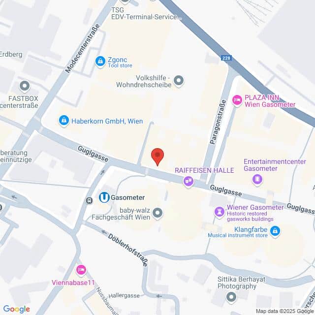 meinkarrierestart.at Eine Karte, die das Gebiet um die Guglgasse in Wien, Österreich, zeigt und auf der Geschäfte und Orte wie Gasometer, Raiffeisen Halle und nahegelegene Straßen hervorgehoben sind.