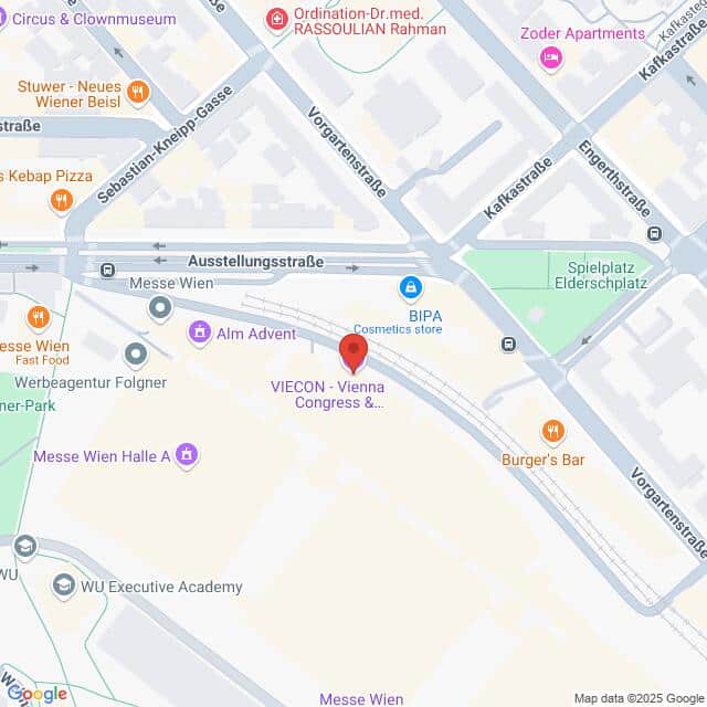meinkarrierestart.at Karte mit der Lage von VIECON – Vienna Congress & Events Center in der Nähe der Messe Wien, der Burger’s Bar und des Kosmetikgeschäfts BIPA in Wien, Österreich.