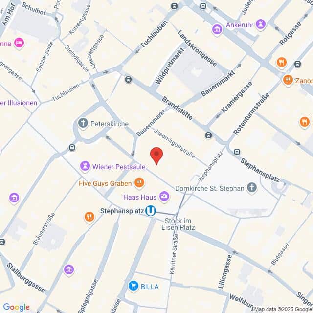 meinkarrierestart.at Karte, die einen zentralen Bereich in Wien, Österreich, mit einer roten Standortmarkierung in der Nähe des Grabens, in der Nähe des Stephansdoms und mehrerer nahegelegener Geschäfte und Sehenswürdigkeiten zeigt.