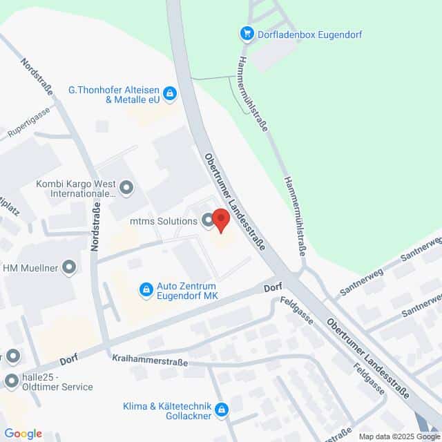 meinkarrierestart.at Karte mit dem Standort von mtms Solutions an der Obertrumer Landesstraße in Eugendorf, Österreich, mit Beschriftung der umliegenden Geschäfte und Straßen.
