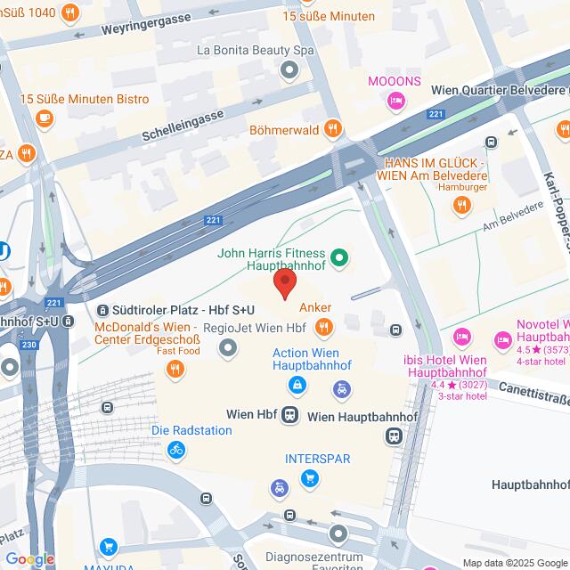 meinkarrierestart.at Karte des Gebiets um den Wiener Hauptbahnhof, einschließlich der nahegelegenen Geschäfte, Hotels, Restaurants und Haltestellen des öffentlichen Nahverkehrs.