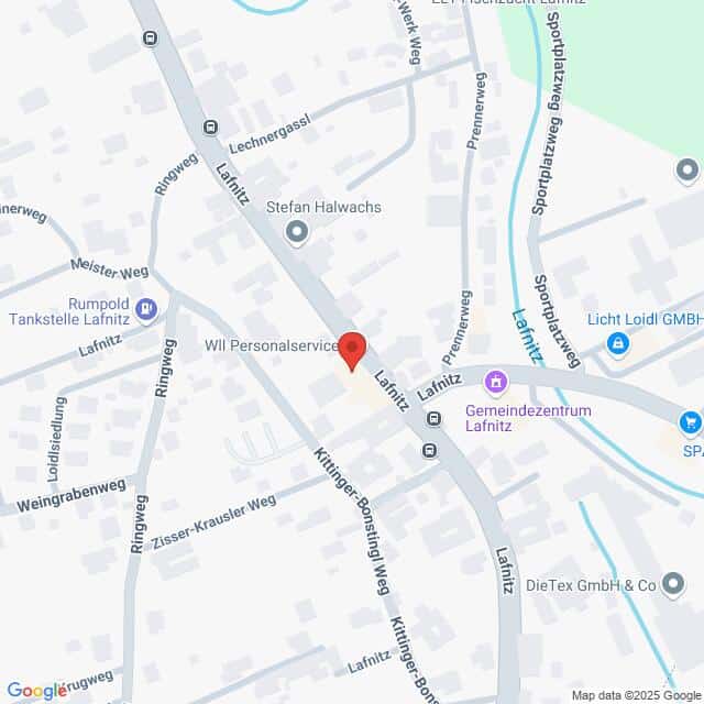 meinkarrierestart.at Eine digitale Karte zeigt den Standort von WI Personalservice in Lafnitz, Österreich, markiert mit einer roten Stecknadel. Umliegende Straßen und Geschäfte sind gekennzeichnet.