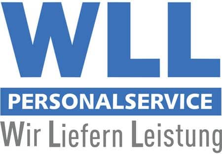 meinkarrierestart.at Logo mit großen blauen Buchstaben „WLL“, darunter ein blauer Kasten mit weißem Text „PERSONALSERVICE“, darunter der Text „Wir Liefern Leistung“ in Grau und Blau.