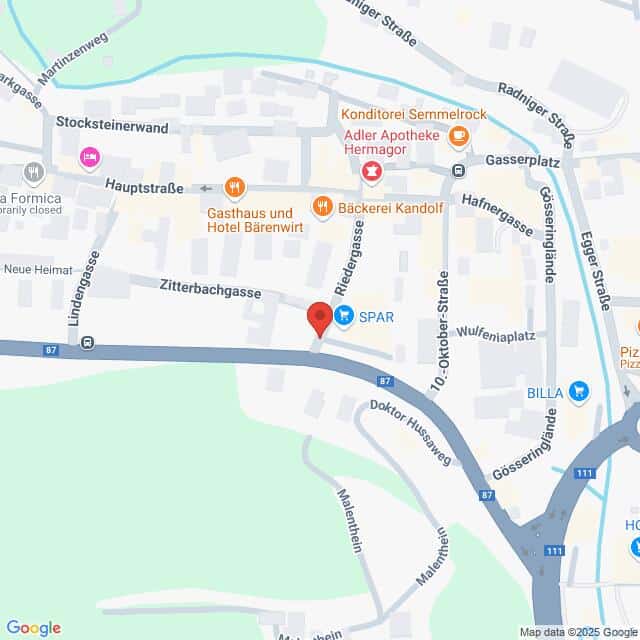 meinkarrierestart.at Eine digitale Karte, die das Gebiet um die Zitterbachgasse in Bad Ischl, Österreich, zeigt und Geschäfte wie SPAR, Billa sowie mehrere Hotels und Bäckereien hervorhebt.