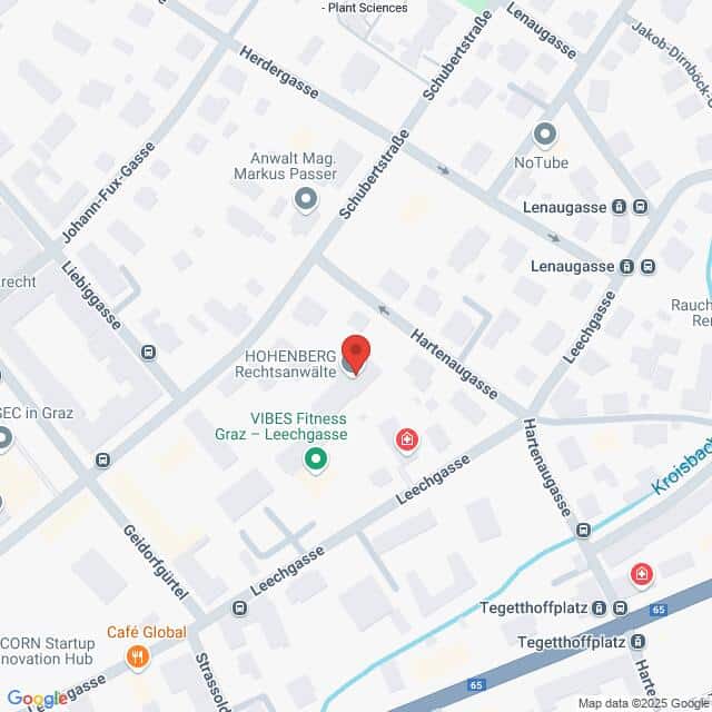 meinkarrierestart.at Eine digitale Karte zeigt den Standort von HOHENBERG Rechtsanwälte in der Nähe der Leechgasse und Schubertstraße in Graz, Österreich. Umliegende Straßen und wichtige Orte sind markiert.