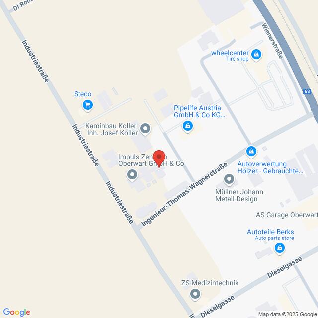 meinkarrierestart.at Eine Kartenansicht mit Unternehmen entlang der Industriestraße und den umliegenden Straßen sowie einer Stecknadel, die das Impuls Zentrum Oberwart GmbH & Co. markiert.